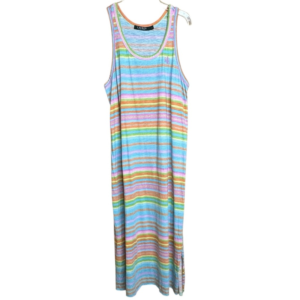 Lauren Ralph Lauren Cotton Sleeveless Colorful Striped Midi Dress size L Logo